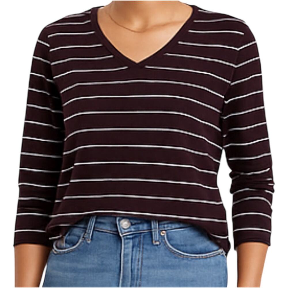 J. Jill Striped Tunic Long Sleeve Top Patch Pocket Knit V Neck Cotton Maroon M